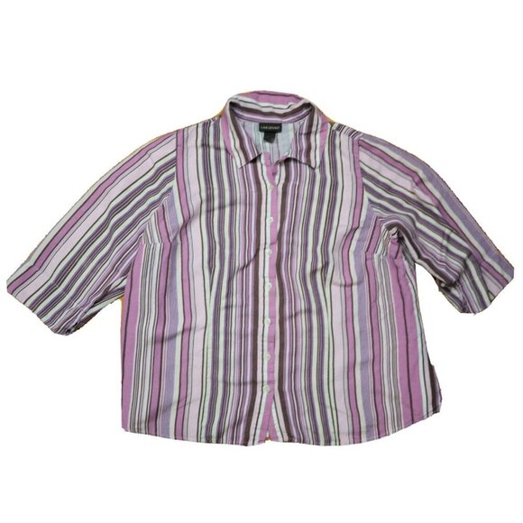 WOMEN'S PURPLE STRIPED LINEN BLEND BUTTON-UP BLOUSE - LANE BRYANT - SIZE 18/20 - Picture 1 of 4